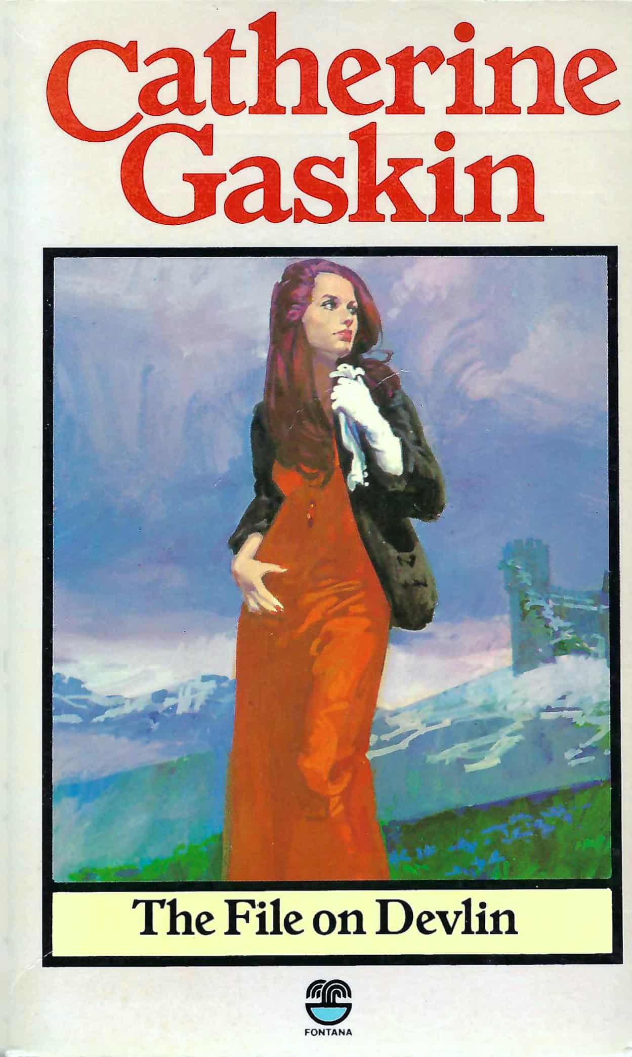 The Fontana paperback cover of The File on Devlin by Catherine Gaskin, showing a young red-haired woman in a red dress and black jacket standing against a mountainous backdrop.