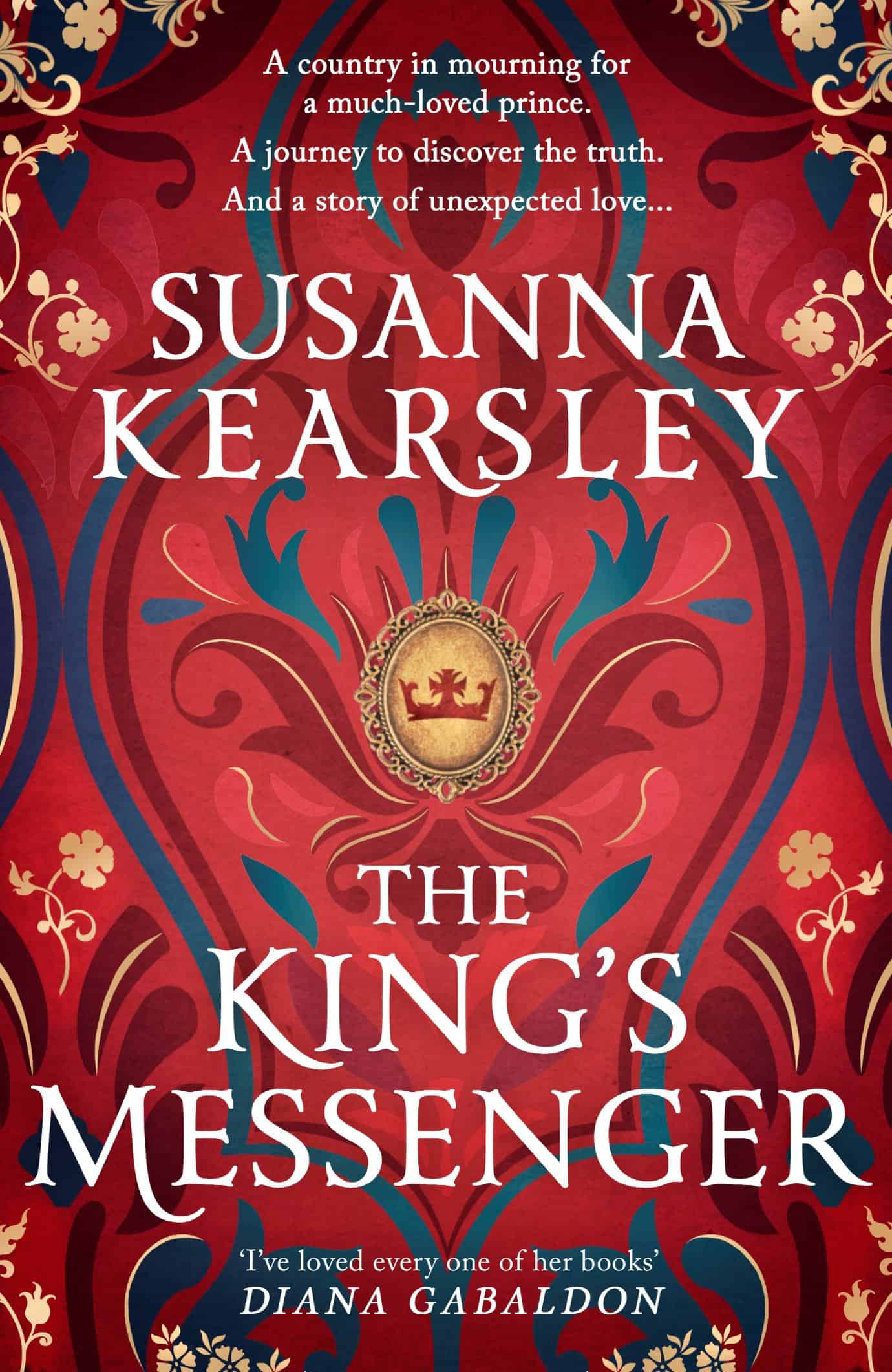 The British cover of Susanna Kearsley's book The King's Messenger, with white lettering against a stylized background of swirled red and gold and blue.