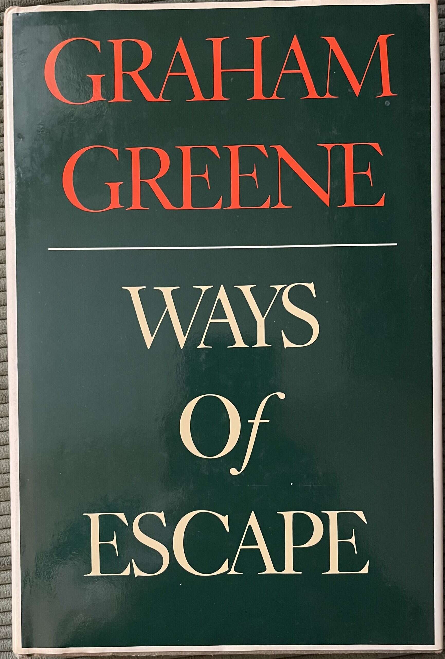 The cover of Graham Greene's autobiography Ways of Escape, which is simply the author's name in orange type over the title in white type, against a dark green background.